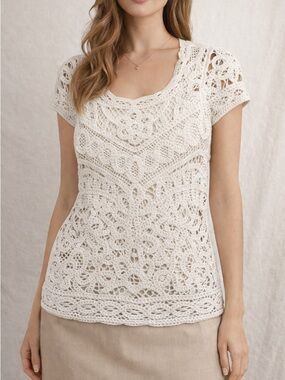 LILLY PULITZER Women's Jamie Crochet Lace Short Sleeve Sweater Shirt Size S